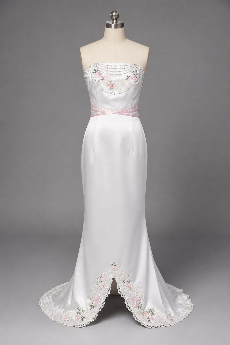Retro Jovani Strapless Wedding Gown Size 2 Satin Floral Beaded Embroidered Dress